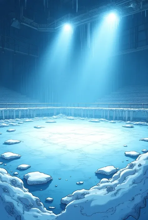 "Create a comic book-style image of the Ice Chamber arena, an intense battleground with a slick, frozen floor that glistens under cold, bright lights. The air is filled with a frosty haze, creating visible clouds of breath from any movement, while the floo...