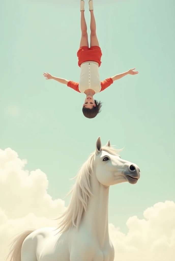 A white horse looking up and one in a white blouse with red sleeves looking upside down, Animation  