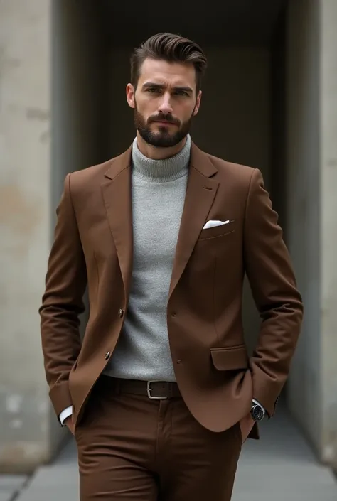 male fashion brown suit light grey neck sweater