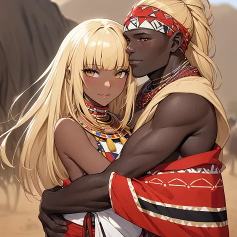 The woman who became the African Masai tribe is a beautiful blond Fate Testarossa, wears a Masai costume and hugs and loves her beloved husbands strong black Maasai man、((Best Quality)), ((masterpiece)), ( Details), （ perfect face）,The woman is a blonde Fa...