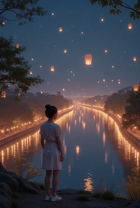 1 cute  ***********  Place the river lights by the river ，Look down at the camera ， Lots of sky lanterns flying on the surface of the water, Floating lights ,  Movie lights and reflections ,  Shining lights !  Intermediate Metaverse Elements ，Golden sectio...