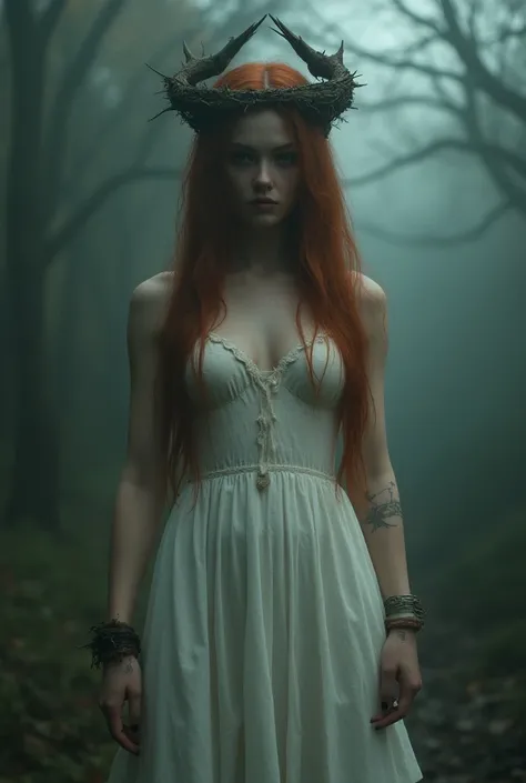 Masterpiece, folk horror, best quality, very detail cinematic aesthetics, movie scene, (best quality), (best shadows), beautiful ethereal sad woman, she looks like the actress/model Daveigh Chase, she looks sick, she looks like a mystic spirit , curvy, ver...