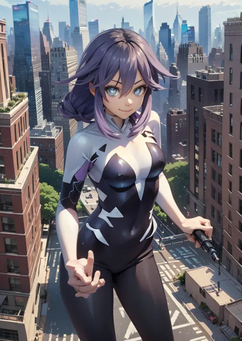 masterpiece picture quality ，urban girl ，smile，punk girl，in an anime style， from a rooftop looking at a new york cityscape in th...