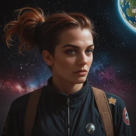 there is a woman standing in front of a painting of a planet, futuristic city in background, psytrance artwork, interconnected human lifeforms, panoramic view of girl, progressive rock album cover, dream of the endless, star dust, galaxy, stoner rock --ar ...