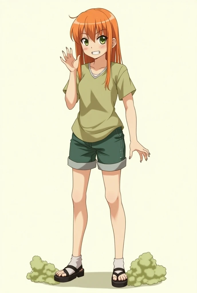 An anime-style girl, tall, white, straight orange hair that reaches her waist, with 3 strands on her forehead, green eyes, she is somewhat athletic, a tomboyish girl, who does not bathe, smells very bad, instead of nails He has claws on both his fingers an...