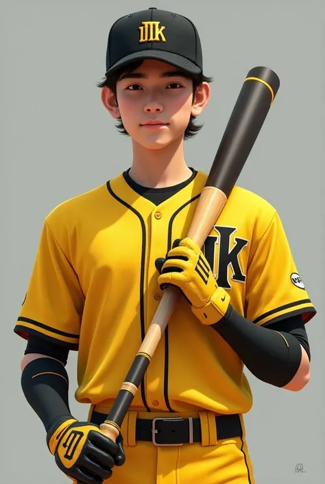  Asian baseball player wearing gloves , The uniform is yellow and black. good-looking. hat wearing gloves says MK . The . has no beard .Late teens .Rice 