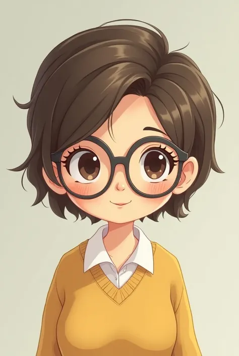 A girl teacher chibi with short hair, a glasses, older 
