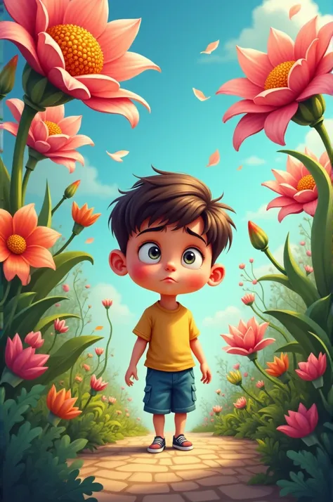 Very confused boy in a flowery cartoon garden 