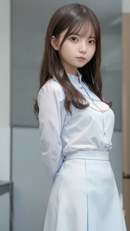 intelligent, smiling, standing, arms crossed, wave hair, white interview suit,light blue skirt, ,pantyhose, in the office, long shot, low angle shot