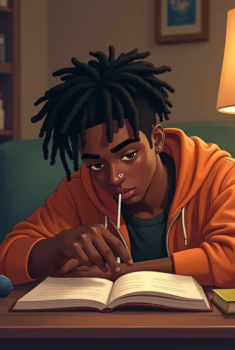 Black teen with a-lot of short dreadlocks studying and smoking , piercing on his nose in cozy room animated 