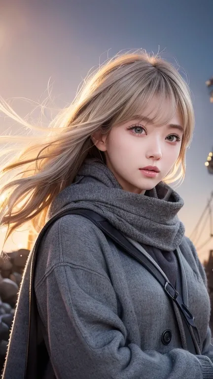 ((Hair blowing in the wind、 no makeup in the coal mine:1.2))、(realiStic、 photorealistic、Super detailed、beSt detailed SkinS、higheSt quality、maSterpiece、超A high reSolution)、cute ruSSian woman、S、high School girl、 young girl、 1 girl、have bangS、Ash Blonde:1.7、d...