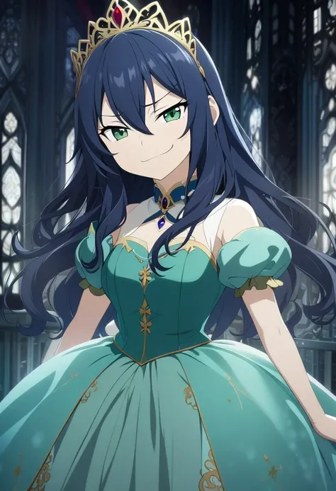 1 girl, dark blue hair, hair between eyes, long hair, dark green eyes, smug smile, smug expression, princess dress, CG