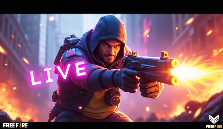 **Thumbnail Concept:**

1. **Main Character in Action**: Show a popular Free Fire character, like DJ Alok or Chrono, in a dynamic pose, aiming a weapon toward the viewer or with an intense expression. Add glowing effects around the character to make them s...