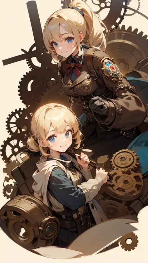  Hi-Res,  Steampunk Girls 、gears
blonde perm ponytail blue eyes、smile、goggles