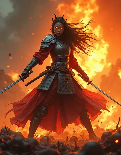  a fiery demon has taken over a young woman holding a katana in each hand and waving them,  in an incredible fiery death dance , removing slaughtering her enemies , young woman( loose, one-long developing dark hair ,fiery amber eyes ,  steel armor on her b...