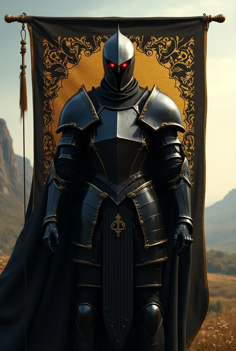 Black and gold banner of a knight with red eyes, horizontal banner, landscape, 