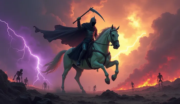 An apocalyptic scene shows the rider on a pale horse, whose skin is translucent and greenish in color, reflecting death. The knight wears a torn black tunic and holds a silver scythe that shines in the shadowy light. Behind him, we see hell rising from the...