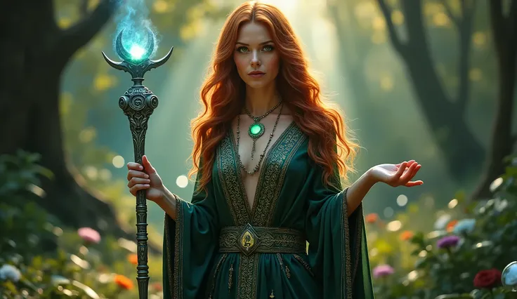 In a mystical forest glade, a striking priestess stands with an air of grace and power. Inspired by the enchanting features of Christina Hendricks, she possesses flowing auburn hair that cascades down her back, framing her face with soft waves. Her piercin...