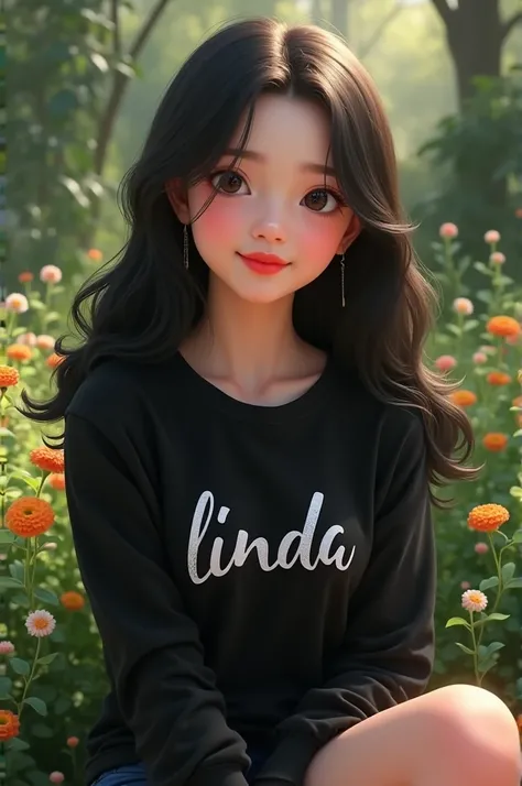 A young girl with red lips, smiling, black hair, wearing a black long-sleeved t-shirt that says "Linda" in white, posing as a model sitting sweetly in the garden