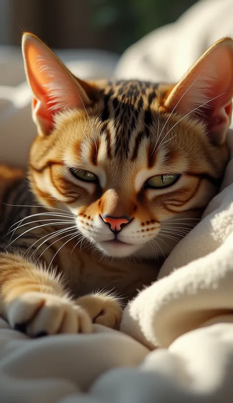 Close-up of a cat lying in bed with a lazy, judgmental expression, half-open eyes, calm but annoyed, looking at a hyperactive dog nearby, realistic fur detail, humorous and sarcastic atmosphere, early morning lighting.