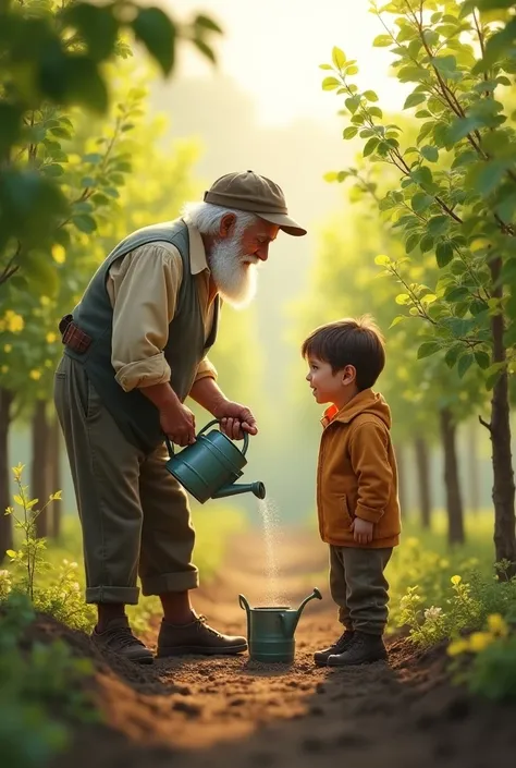 Grandfather and grandson grow trees