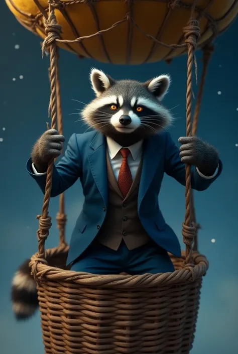 Aggressive Adult Tall Gray raccoon With amber eyes In a classic blue suit and tie Standing in the basket of an old flying balloon against the starry sky Standing in an aggressive position Leans his hands on a basket