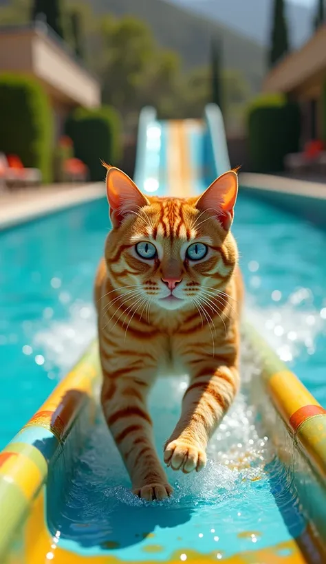 (Photorealism:9.16)  Take a picture facing the camera of an orange tomcat , Muscular body, her eyes are blue, flat nose, wear a swimsuit ,  gliding on a large colorful water slide approaching the pool,  against the backdrop of a luxurious swimming pool , W...