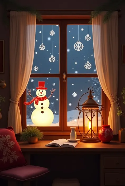 Inside a house you can see windows decorated with drawings of a snowman and a lighted lantern.