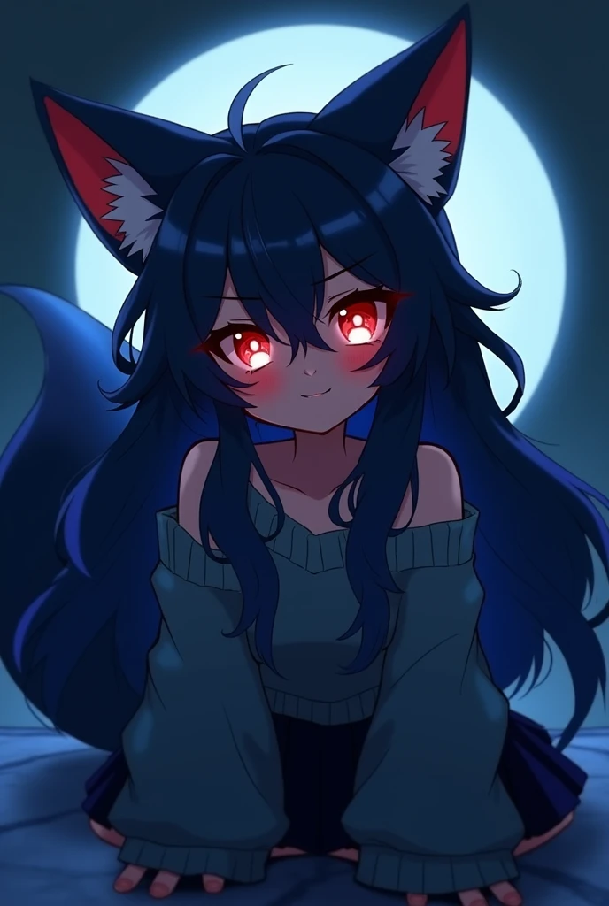 1girl, solo, female, mobian, fox, 2D anime style, high quality digital art, wispy lines, neon dark and blue sketch art, a dark blue furred anthropomorphic fox, dark blue fur, glowing crimson eyes, very long wavy dark blue hair, long and large hair bangs, c...