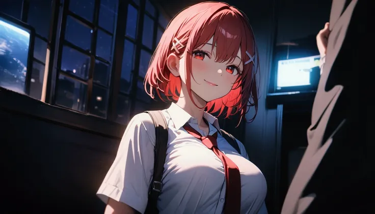  short hair, ( red hair:1.2), X Hair Ornament, Red Eyes,tie,  girl,One person, Collared shirt,  white shirt, Short sleeve,  pleated skirt, student, Best Quality, masterpiece,  Hi-Res, big chest、smile、highest quality, intricate details, (cinematic lighting)...