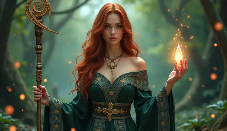 In a mystical forest glade, a striking priestess stands with an air of grace and power. Inspired by the enchanting features of Christina Hendricks, she possesses flowing auburn hair that cascades down her back, framing her face with soft waves. Her piercin...