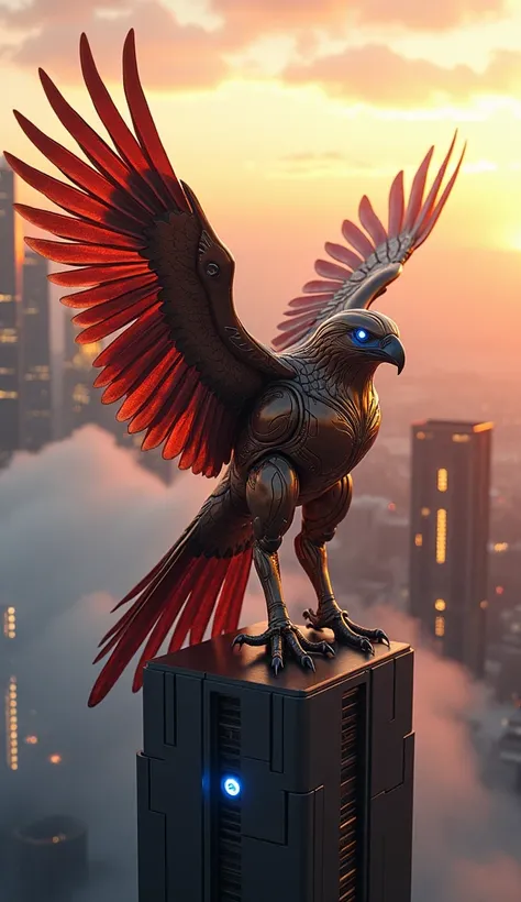 "Create a photorealistic image of a hybrid creature that combines the features of a falcon and the high-tech design elements of Iron Mans suit. This majestic, falcon-like creature has a sleek, aerodynamic body with metallic feathers in red and gold, blendi...