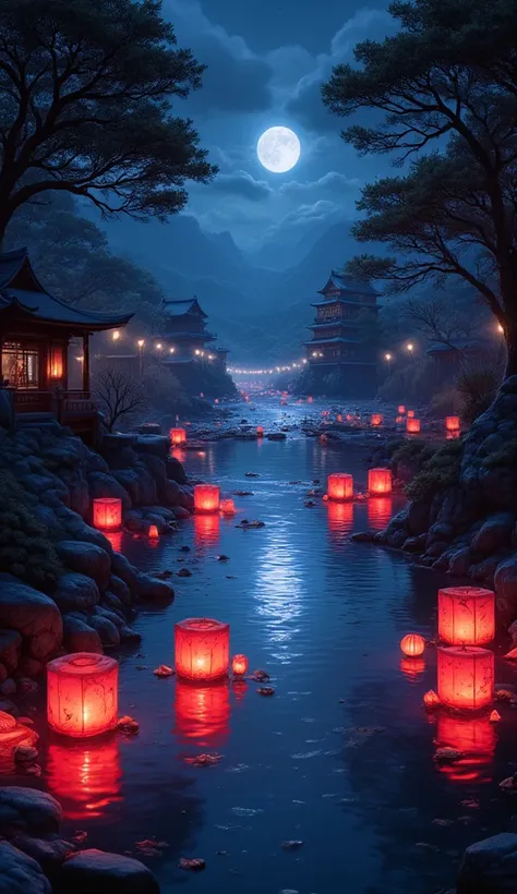 ((black, white and red art: 1.5)) 1there is a river in the night there are floating lanterns, lanterns in many colors, in its water, the moon is in the sky, reflected in the river, there is Japanese castle near the river, hyp3rd3tail style,