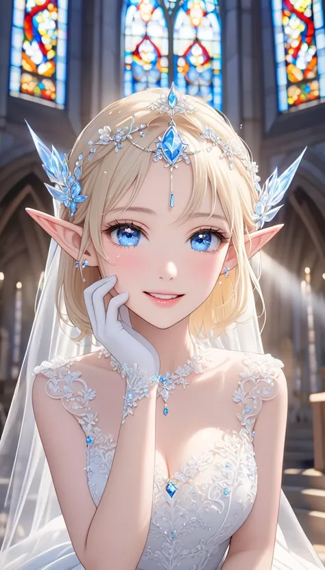 Very close、((Focus on the upper body))、16k、masterpiece、High resolution、High resolution、((1 young elven female))、((Beautiful blonde))、short hair、((Beautiful Blue Eyes))、((Moist eyes、Tears))、((Pointy Ears))、Smiling Kindly、Grin、blush、Pink Lip Gloss、((Shiny sk...