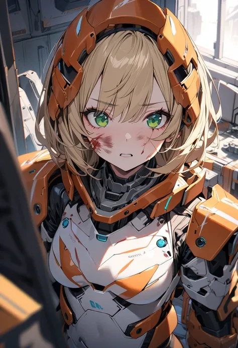  1 girl,room,original,Alone,orange heavy armor ,green eyes, blonde hair,  white bodysuit  ,The girl who is explosive,Face of fear,Scratched,Bleeding, combat damage depth of field,science fiction,Super detailed, sharp concentration,(Best Quality)