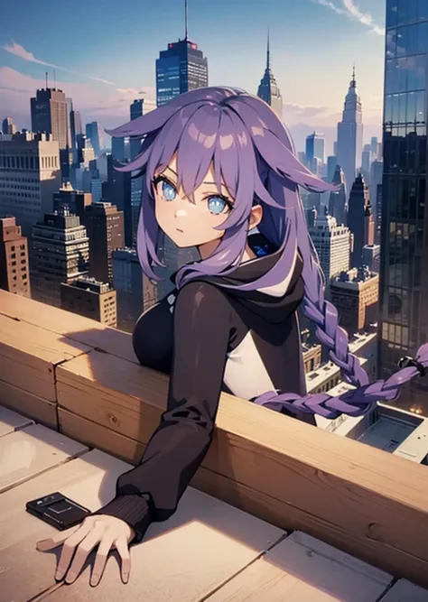 She is on a rooftop looking at a New York cityscape in a very detailed background ,  she turns her back on the image and you cant see her face she wears a Gwen hoodie and you can see her pigtails on the sides of her hood