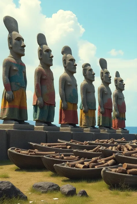  hyperrealistic,  6 stone-colored Indians similar to the Easter Island sculpture,  with headdresses and multicolored clothes like American Indians , They look out to sea with their caravels loaded with wooden logs.
