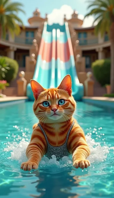 (photorealism:9.16)  Make a picture facing the camera of an orange male cat, muscular body,  her eyes are blue , Flat nose, wearing a swimsuit ,  is gliding on a large colorful water slide, against the background of a luxurious swimming pool , wide, realis...