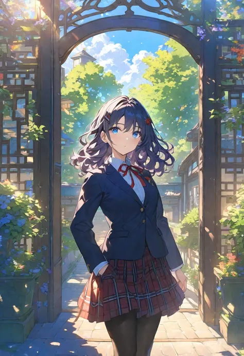 Masterpiece, hdr, bloom, 4k, Anime-style illustration featuring a beautiful female student with dark blue hair, medium wavy hair, black hairclip, parted hair, Blue eyes. Small in stature, She is wearing a formal school uniform consisting of a black blazer,...