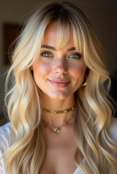 "A high-resolution portrait of a beautiful blonde woman with long, wavy hair and a well-defined, straight bang that frames her face. Her hair color is a radiant, warm blonde with natural highlights, styled with loose waves cascading over her shoulders, add...