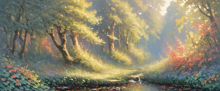 forest,landscape painting,painting,beautifulforest,weak light,tyndall effect,masterpiece,oil paints,intricate details,t-masterpi...