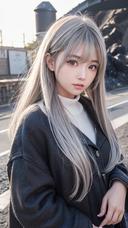 ((Hair blowing in the wind、 no makeup in the coal mine:1.2))、The background is the city、(realiStic、 photorealistic、Super detailed、beSt detailed SkinS、higheSt quality、maSterpiece、超A high reSolution)、high School girl、 young girl、 1 girl、have bangS、Ash Blonde...