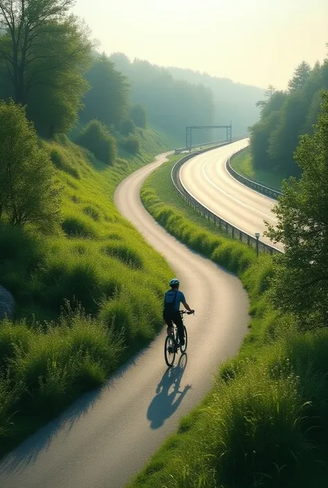 On a highway cycling path slope besides the highway on a side not in the middle 