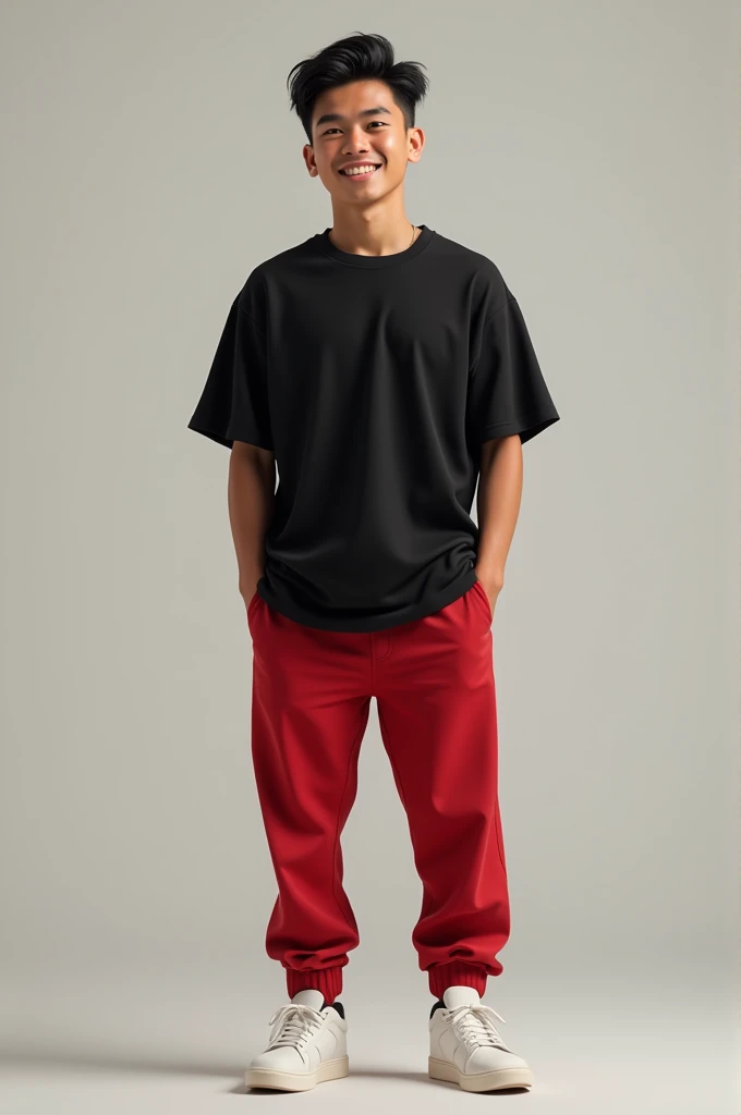 Young man, filipino, black oversized shirt, red pants, white sneakers