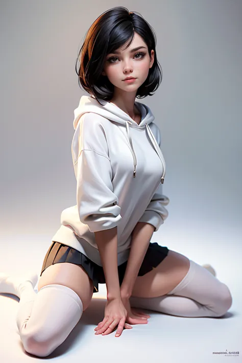 young woman,  short black hair, brown eyes,  wearing a white hoodie, faux pleated black ,  white thigh-length stockings ,  maste...