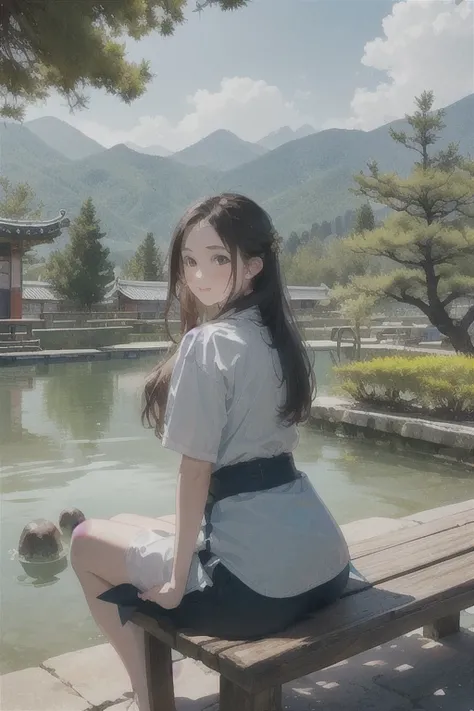 ( 1 girl:1.2 Sit on a bench at a footbath facility where you can soak your bottom from the knee of a cypress tree,( watching viewers :1.2),Mountain landscape, calm atmosphere ,,Cultural Heritage,masterpiece,8k, unbelievably _ absurd,Best Quality,Guohua ,