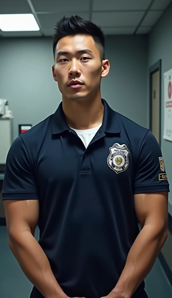  Realistic Realistic Asian Man Hairstyle Skinhead、Short Fade Cut 、Open your mouth、18 years old、, a very handsome, cute bodybuilder, 、Big muscles. Wide shoulders. , Muscle Ties 、Man、Short hair、 big 、 wearing navy polo shirt with Police lettering logo ), (WH...