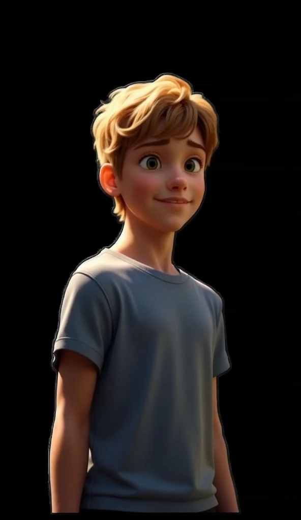 Realistic full-length animation of a cheerful boy of about 17 with straight, light brown hair and bright, expressive eyes. He should be wearing casual clothing, such as a T-shirt and shorts, with sneakers. The girl has a friendly and curious expression, st...