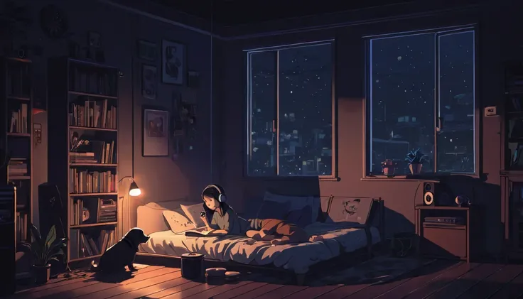 night、small dog, Girl listening to music in a cozy room, Using headphones, 2D-style animation, Lo-Fi, hard disk, Dark Environment，Barely，profile