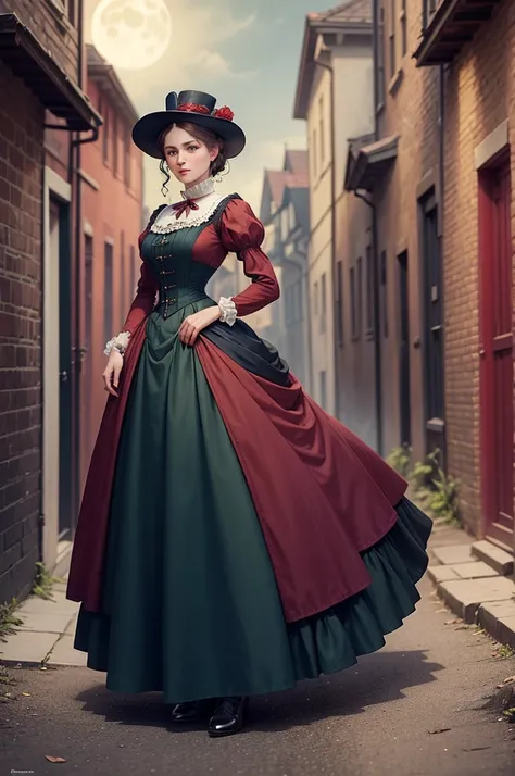 Noble ladies fashion full body in Victorian Era dress red, blue, green a conservative full body pose of a 1910 woman wearing a small hat and business attire and a long skirt , standing in a dark alleyway with gas lighting, a full moon in the background, be...